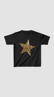 Leopar Desenli Yıldız Baskılı Siyah Kadın Crop