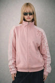 Pembe Çiçek Nakışlı Şeritli Unisex Fermuarlı Ceket