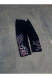 Siyah Night Blossom Nakışlı Wide Leg Jean