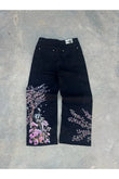 Siyah Night Blossom Nakışlı Wide Leg Jean