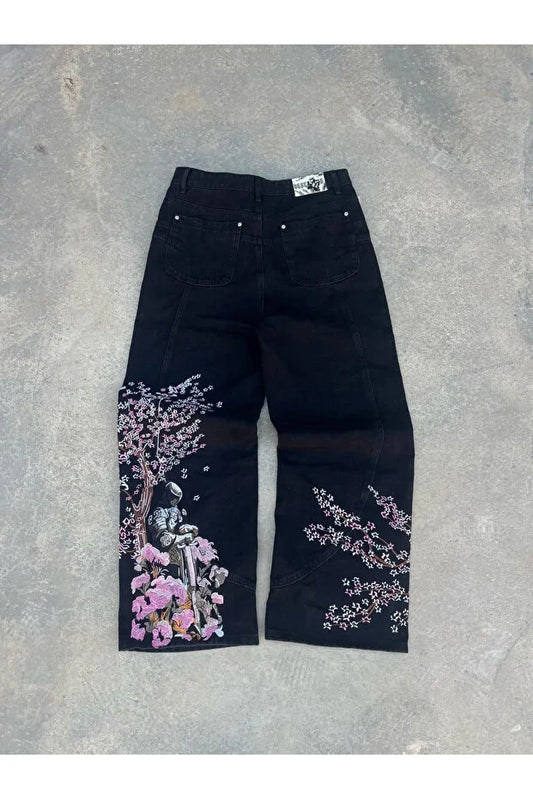 Siyah Night Blossom Nakışlı Wide Leg Jean