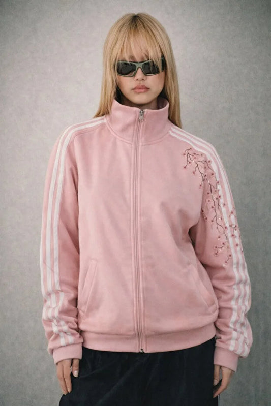 Pembe Çiçek Nakışlı Şeritli Unisex Fermuarlı Ceket