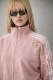 Pembe Çiçek Nakışlı Şeritli Unisex Fermuarlı Ceket