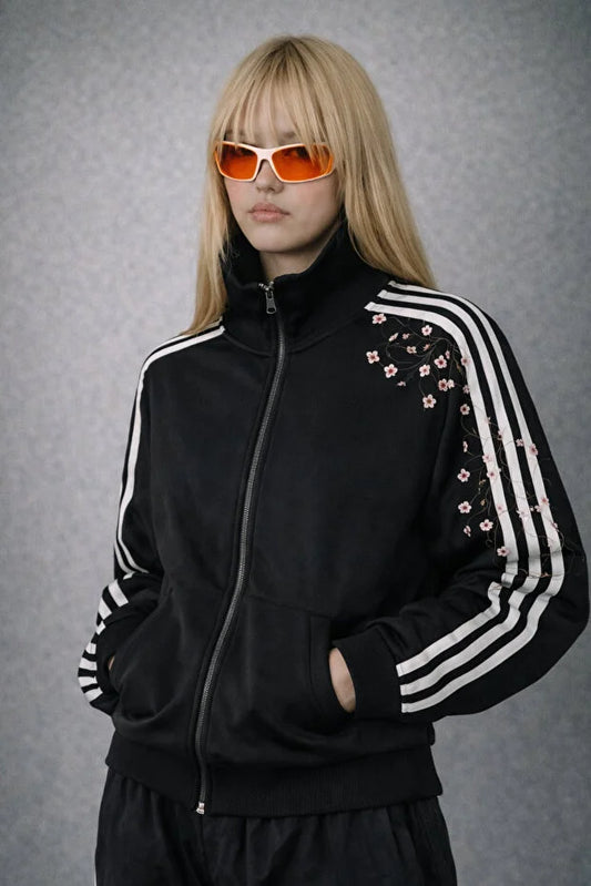 Siyah Çiçek Nakışlı Şeritli Unisex Fermuarlı Ceket