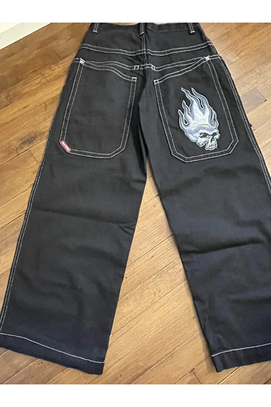 Siyah Y2k Vintage Bol Paça Oversize Kafatası Alevi Pantolon