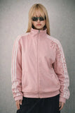 Pembe Çiçek Nakışlı Şeritli Unisex Fermuarlı Ceket