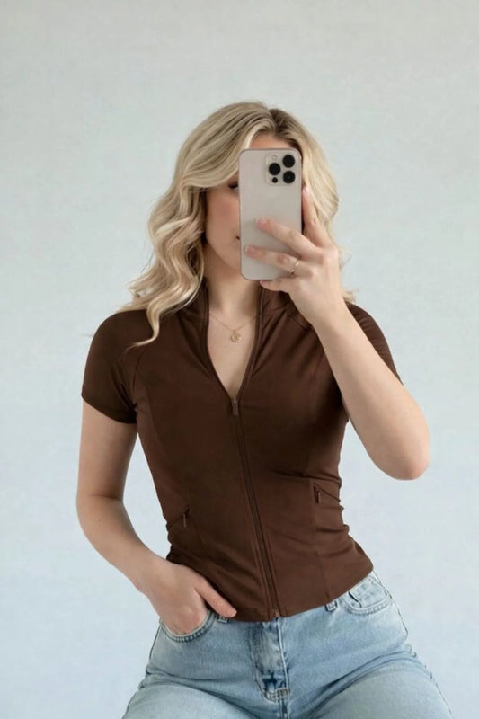 Kahverengi Range Fermuarlı Spor Bluz