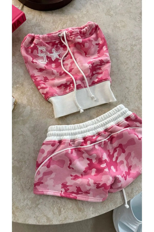 Pembe Camo Straplez Şort Takım