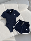 Lacivert Fit Polo Yaka Bodysuit Şort Takım