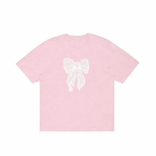 Minimal Fiyonk Baskılı Pembe Tişört