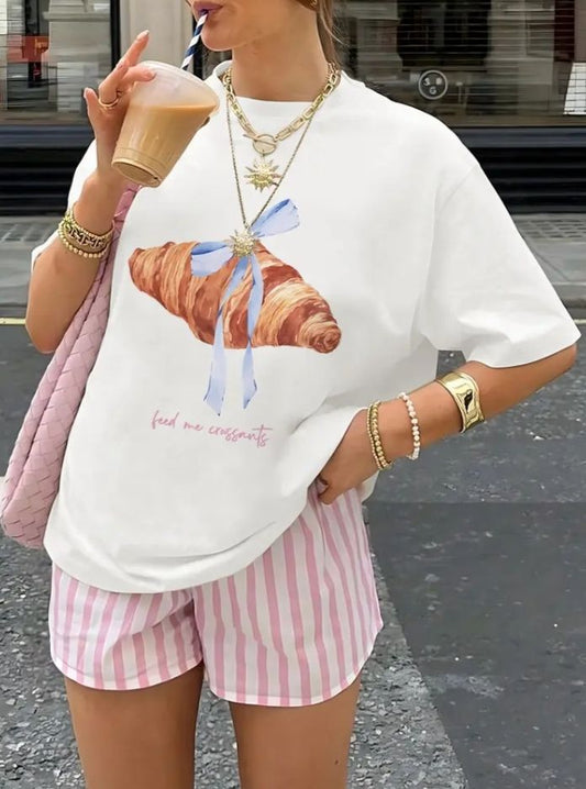 Feed Me Croissants Baskılı Beyaz Tişört
