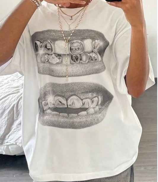 Silver Teeth Grafik Baskılı Beyaz Tişört