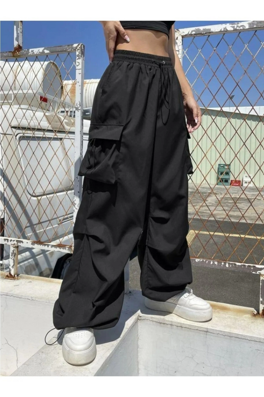 Y2K Kargo Cepli Siyah Aşırı Bol Kalıp Tactical Baggy Pantolon