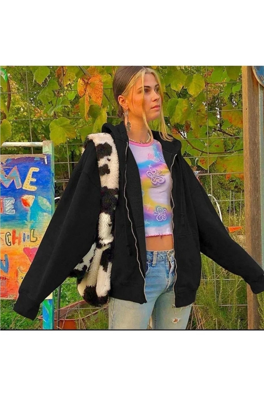 Siyah Unisex Oversize Kapüşonlu Fermuarlı Mevsimlik Hırka (2iplik)