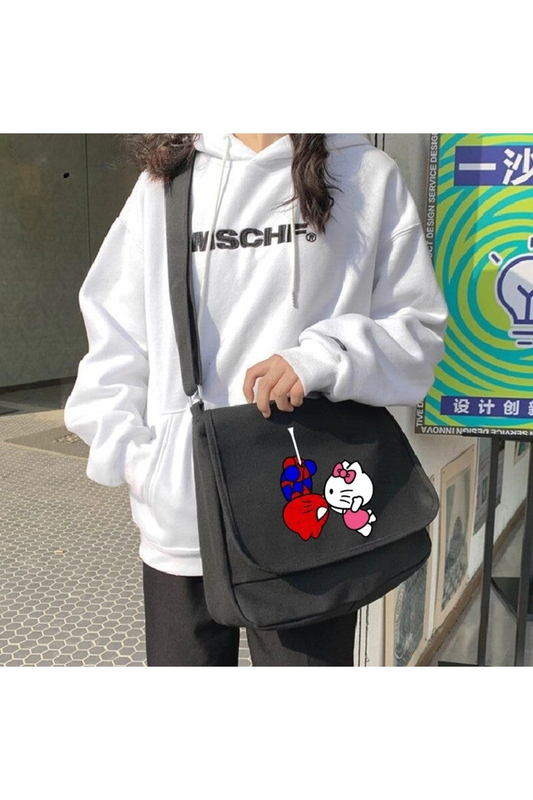 Siyah örümcek adam & Hello Kitty Model Desen Baskılı Askılı Postacı Çanta