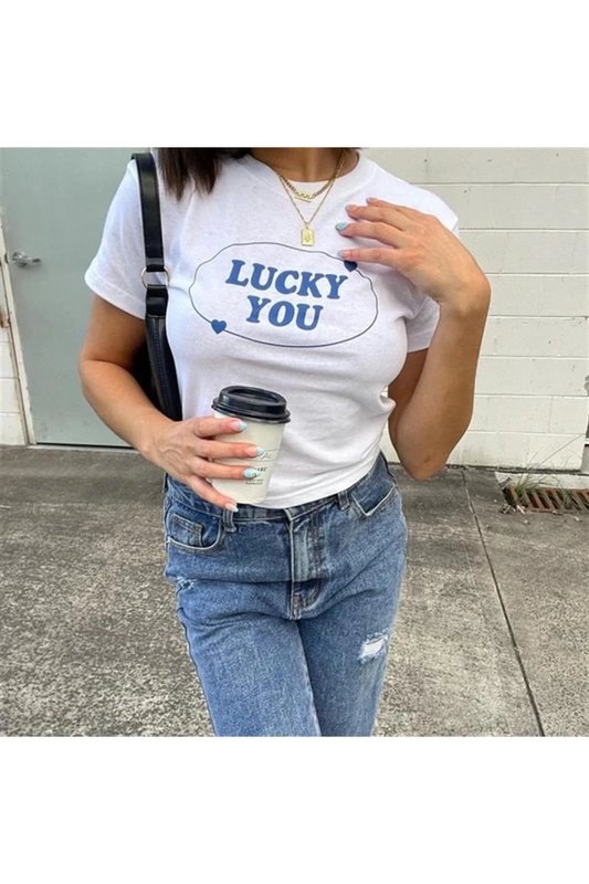 Kadın Lucky You Baskılı Beyaz Crop