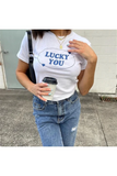 Kadın Lucky You Baskılı Beyaz Crop