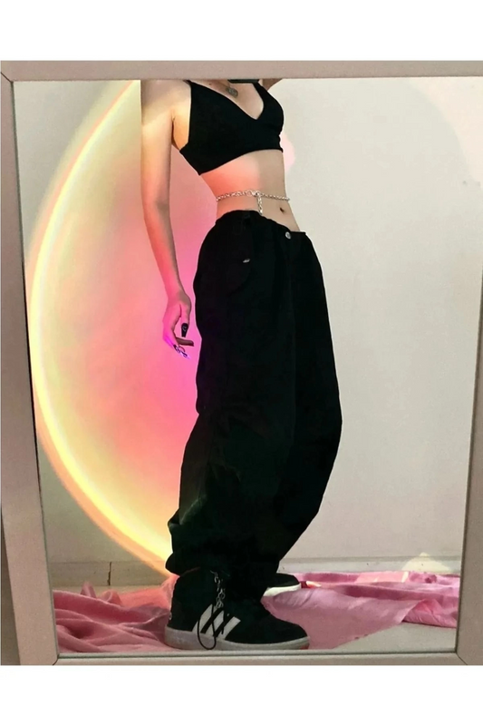 Siyah Tactical Baggy Model Bel Ve Paçası Lastikli Bol Kalıp Unisex Pantolon
