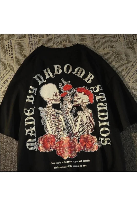 Siyah Eterdity Ön Ve Sırt Iskelet Baskılı Unisex Oversize Tişört