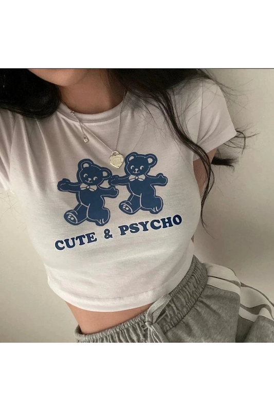 Beyaz Mavi Cute&psycho Bears Crop Body