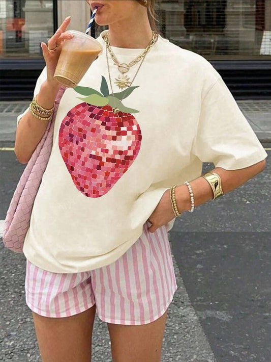 Disco Strawberry Mozaik Çilek Baskılı Beyaz Tişört