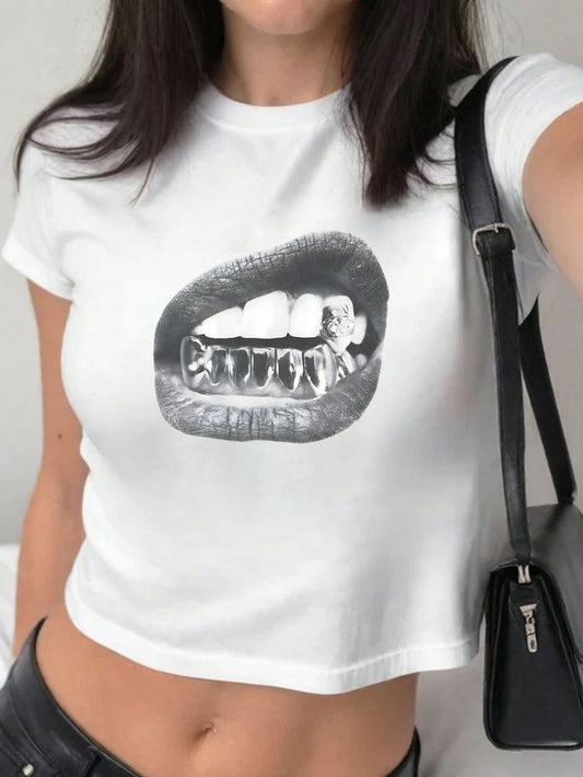 Silver Teeth Lips Grafik Baskılı Crop