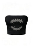 Teeth Taş Baskılı Siyah Straplez Crop