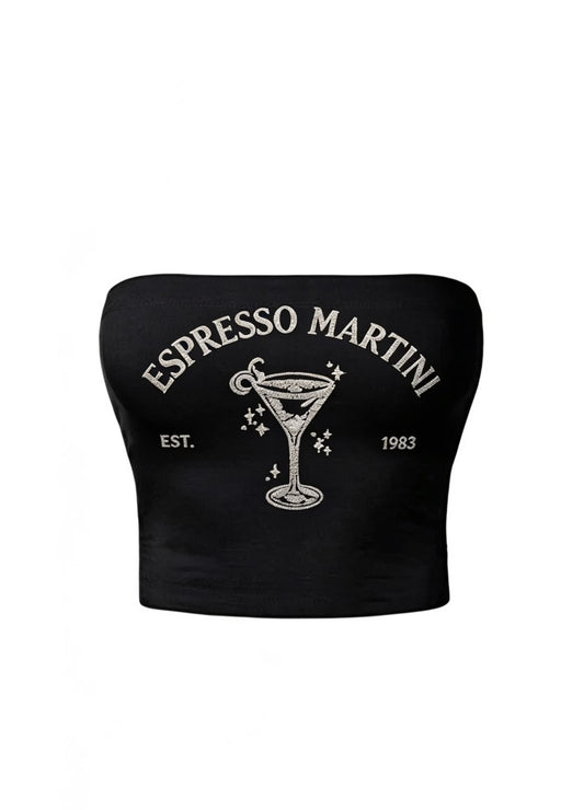 Espresso Martini Taş Baskılı Siyah Straplez Crop