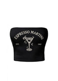 Espresso Martini Taş Baskılı Siyah Straplez Crop