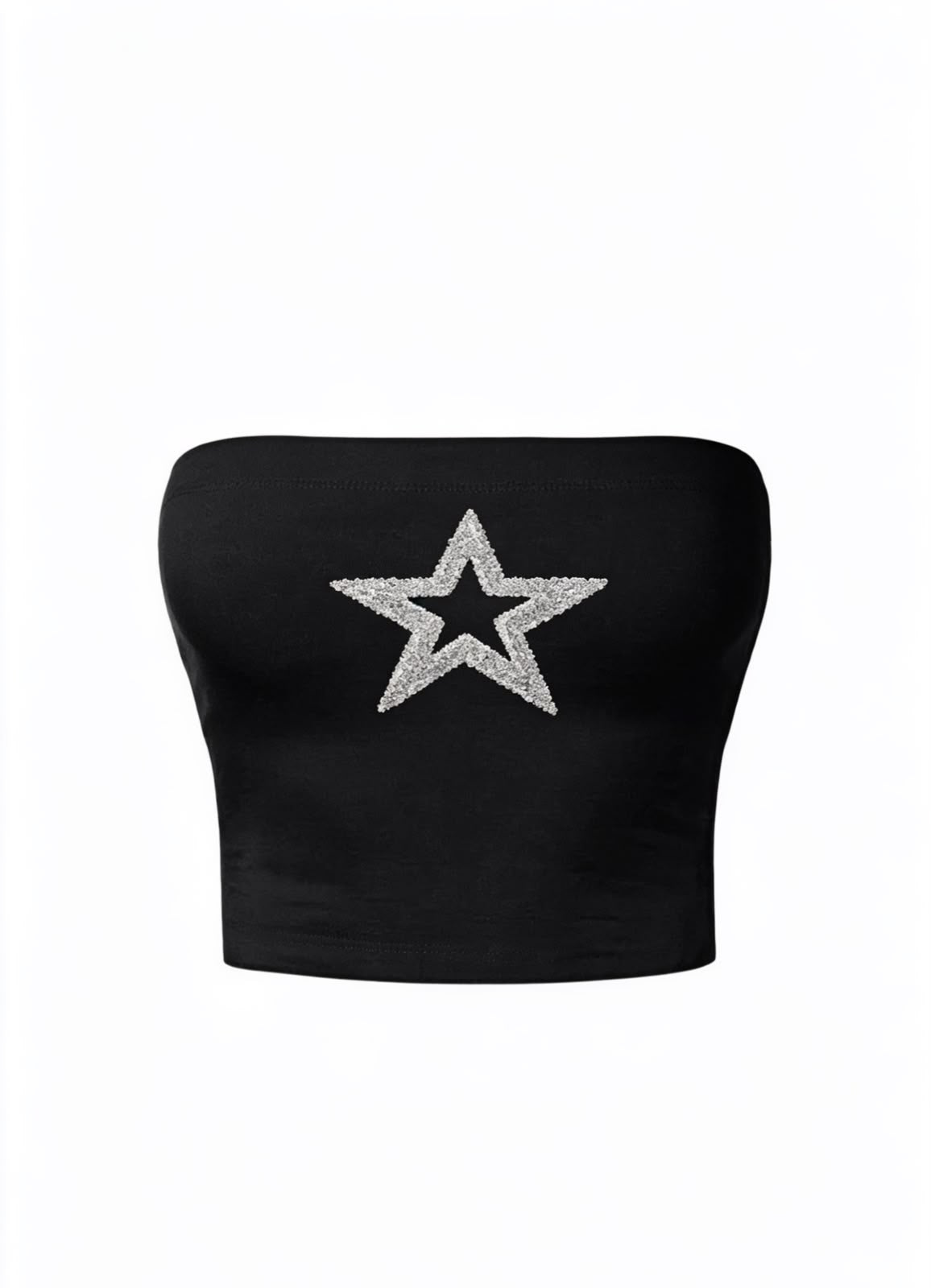 Silver Star Taş Baskılı Siyah Straplez Crop