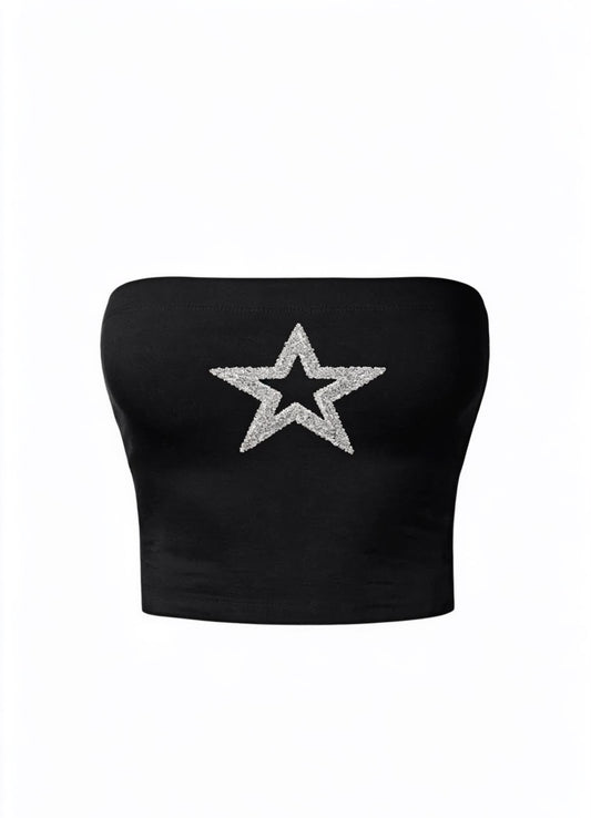 Silver Star Taş Baskılı Siyah Straplez Crop