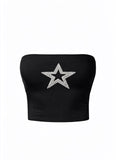 Silver Star Taş Baskılı Siyah Straplez Crop