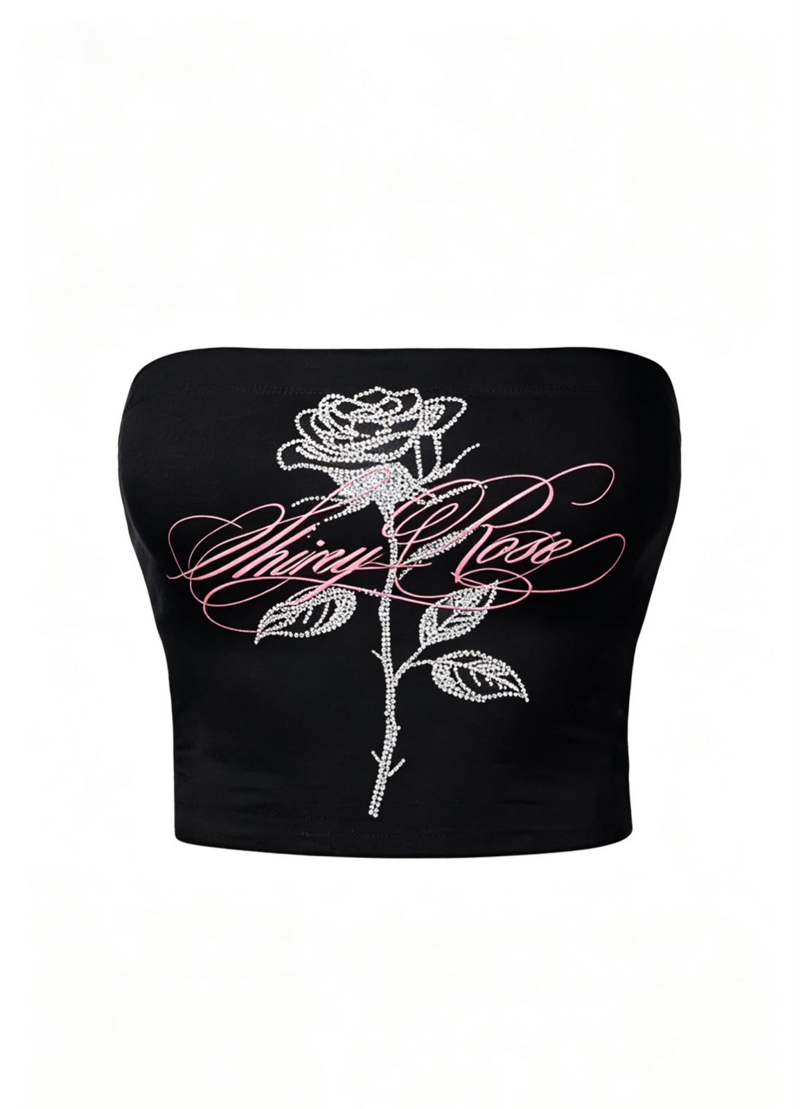 Romantic Rose Kaligrafik Taş Çift Baskılı Siyah Straplez Crop