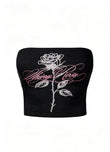 Romantic Rose Kaligrafik Taş Çift Baskılı Siyah Straplez Crop
