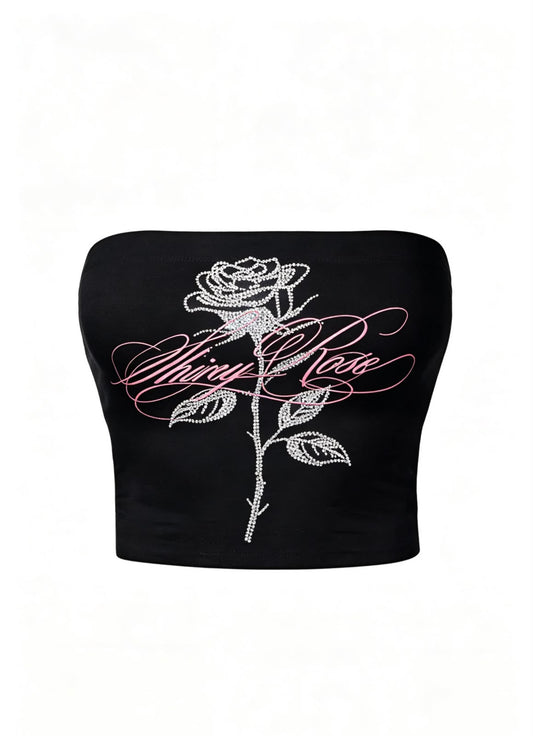 Romantic Rose Kaligrafik Taş Çift Baskılı Siyah Straplez Crop