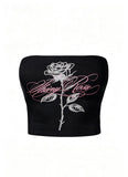 Romantic Rose Kaligrafik Taş Çift Baskılı Siyah Straplez Crop