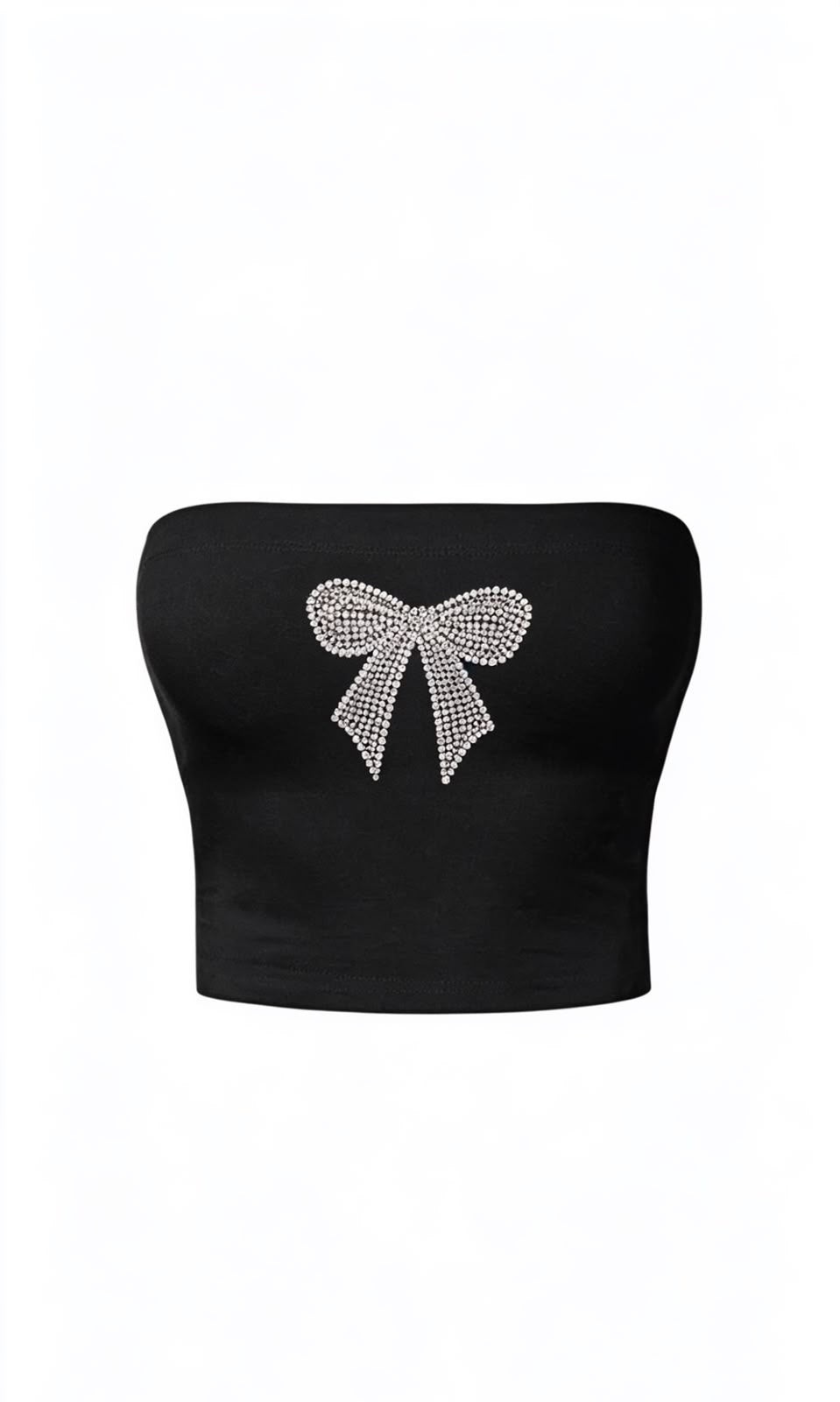 Crystal Bow Taş Baskılı Siyah Straplez Crop