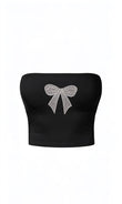 Crystal Bow Taş Baskılı Siyah Straplez Crop