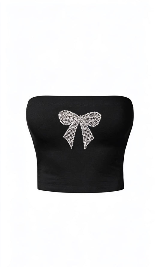 Crystal Bow Taş Baskılı Siyah Straplez Crop