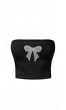 Crystal Bow Taş Baskılı Siyah Straplez Crop