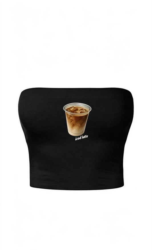 Morning Iced Latte  Baskılı Siyah Straplez Crop