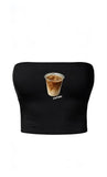 Morning Iced Latte  Baskılı Siyah Straplez Crop