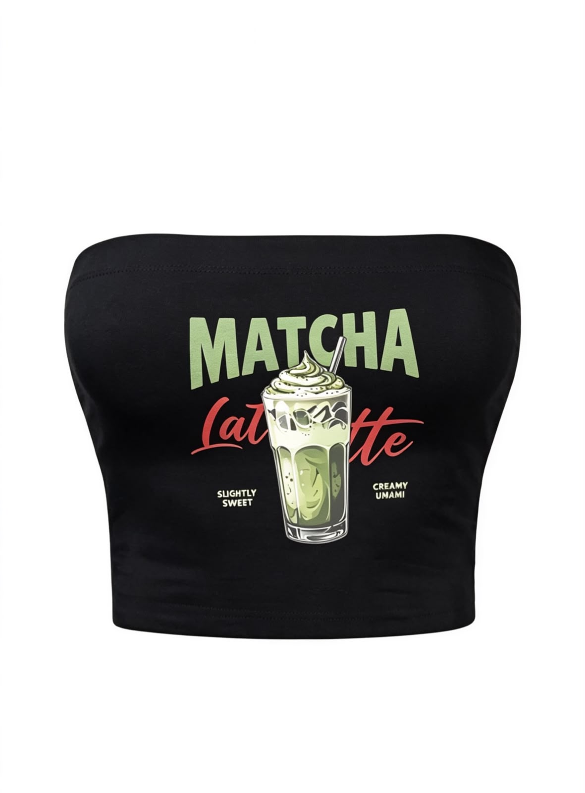 Matcha Latte Baskılı Siyah Straplez Crop