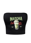 Matcha Latte Baskılı Siyah Straplez Crop