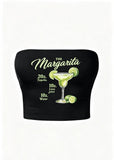 Lime Margarita Baskılı Siyah Straplez Crop