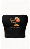 Aperol Spritz Baskılı Siyah Straplez Crop