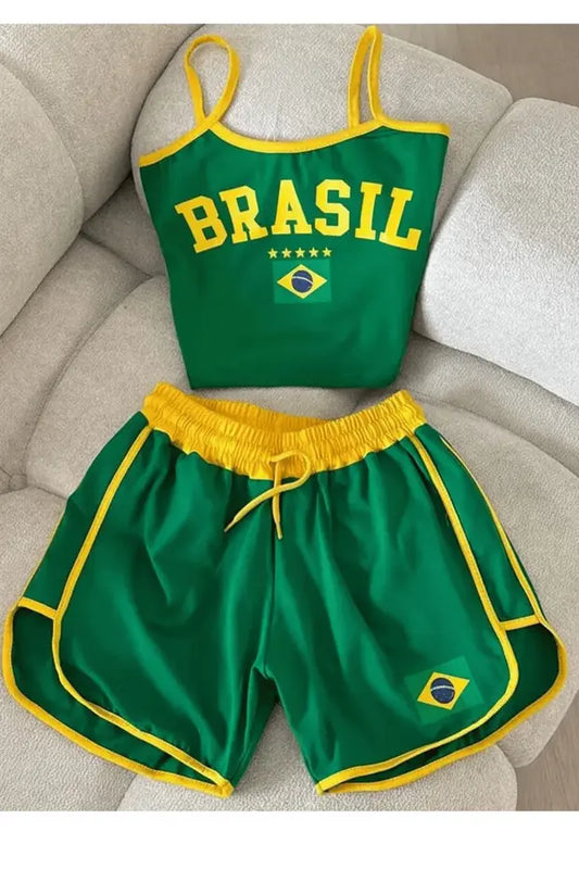 Kadın Y2k Brasil Yeşil Askılı Crop Şort Takım