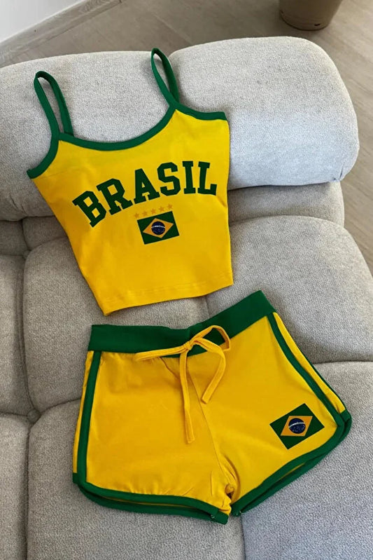 Kadın Y2k Brasil Sarı Askılı Crop Şort Takım