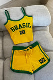 Kadın Y2k Brasil Sarı Askılı Crop Şort Takım