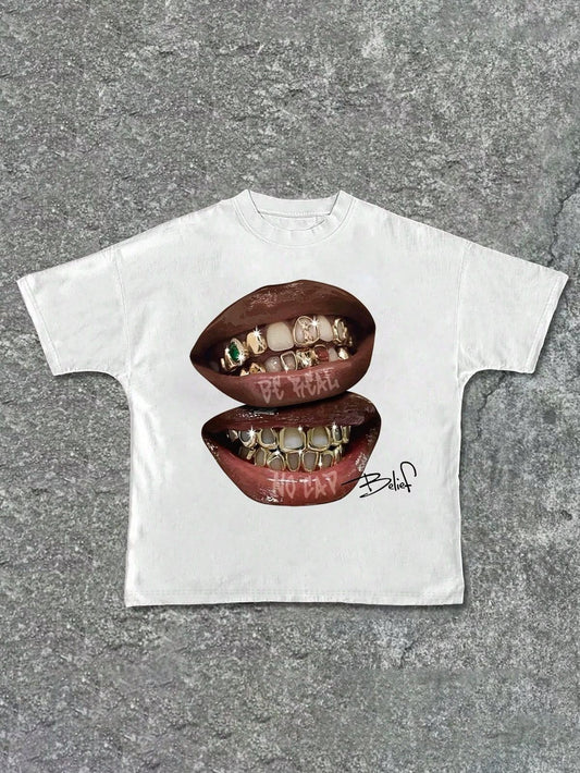 Be Real No Cap Two Lips Baskılı Unisex Beyaz Tişört